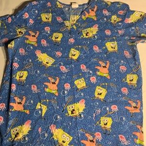 Blue Spongebob and Patrick Print Scrub Top